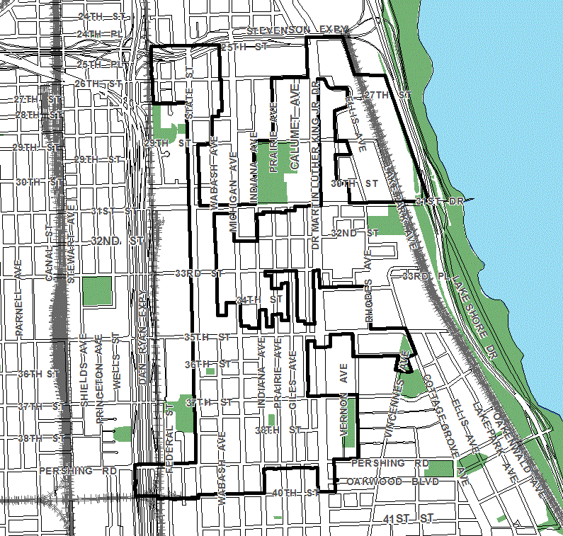 Bronzeville TIF district, roughly bounded on the north by the Stevenson Expressway, 40th Street on the south, Lake Shore Drive on the east, and the Dan Ryan Expressway on the west.